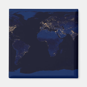 Flat Map Of Earth Showing City Lights Of World Magnet