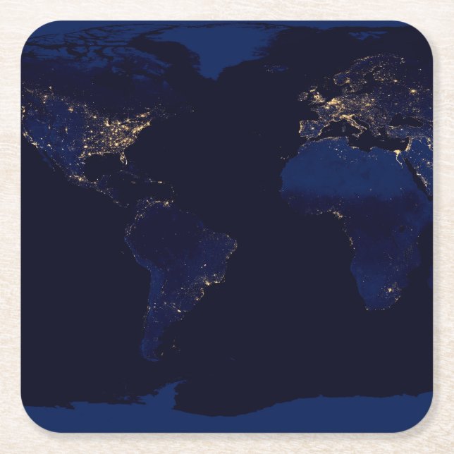 Flat Map Of Earth Showing City Lights Of World Square Paper Coaster (Front)