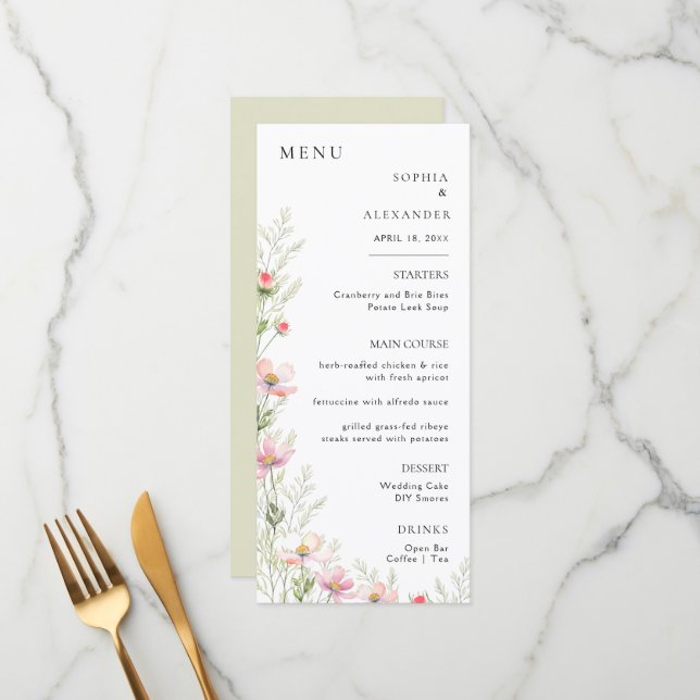 Flat Menu Minimalist modern calligraphy, wedding. (Front/Back In Situ)