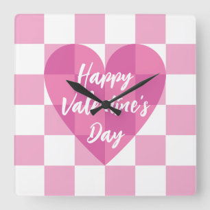 Flat Pink Heart Check Happy Valentine's Day Square Wall Clock