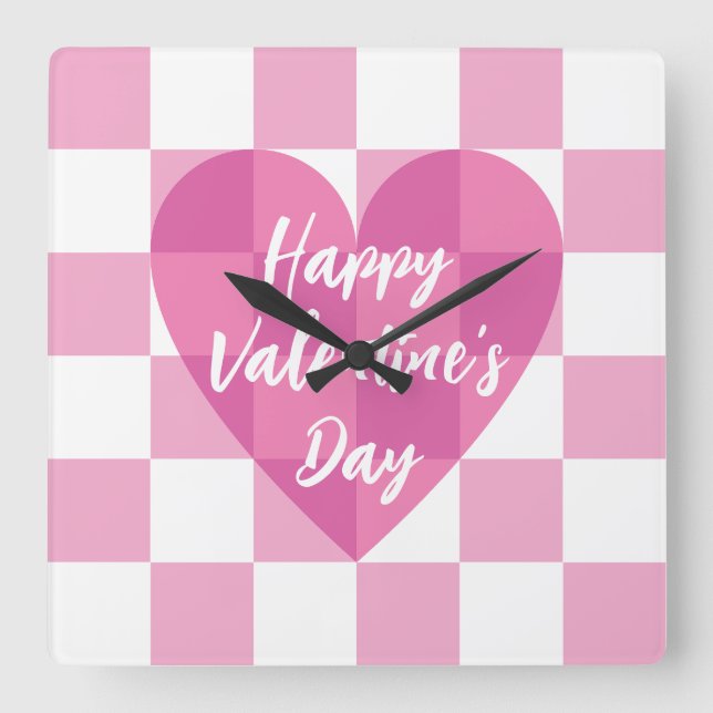 Flat Pink Heart Check Happy Valentine's Day Square Wall Clock (Front)