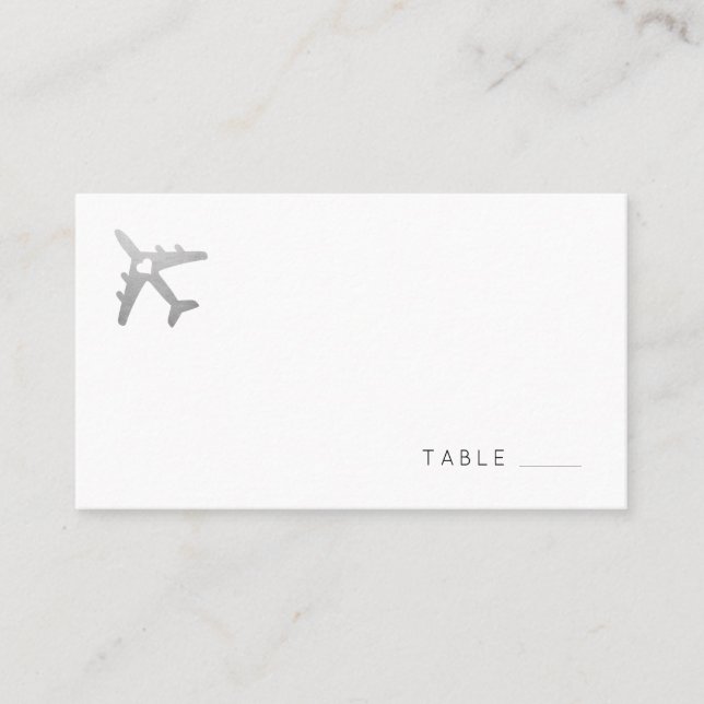 Flat Place Card with Silver Travel Theme Aeroplane (Front)