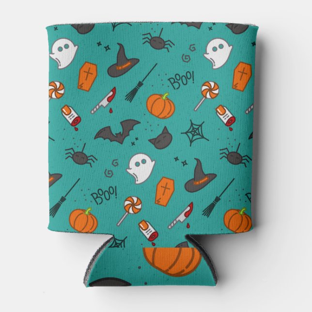 Flat-Style Halloween Turquoise Pattern. Can Cooler (Front)
