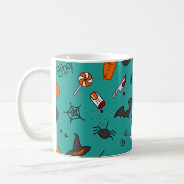 Flat-Style Halloween Turquoise Pattern. Coffee Mug (Left)