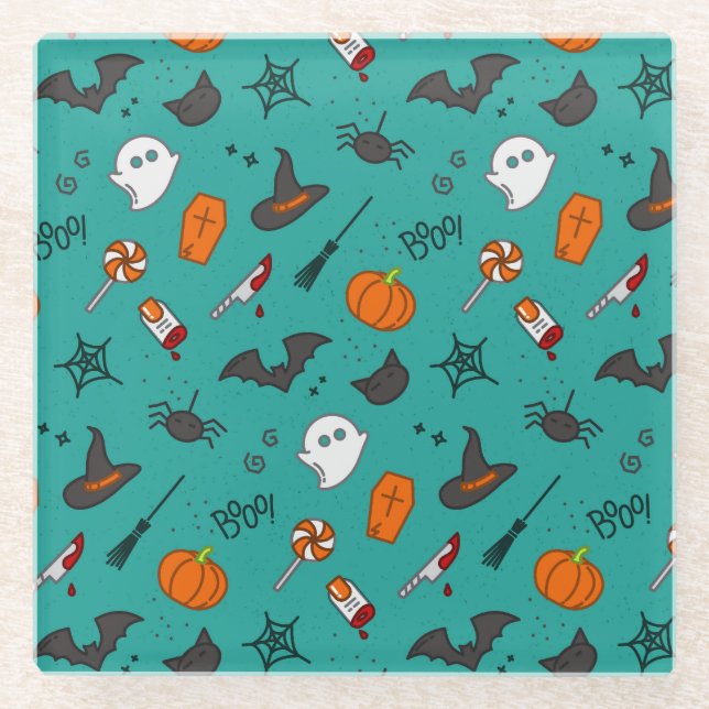 Flat-Style Halloween Turquoise Pattern. Glass Coaster (Front)