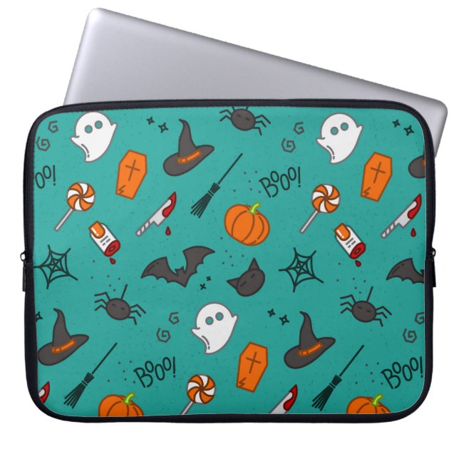 Flat-Style Halloween Turquoise Pattern. Laptop Sleeve (Front)