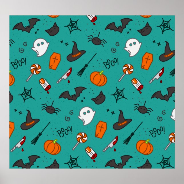 Flat-Style Halloween Turquoise Pattern. Poster (Front)