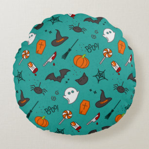 Flat-Style Halloween Turquoise Pattern. Round Cushion