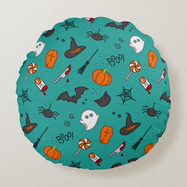 Flat-Style Halloween Turquoise Pattern. Round Cushion (Front)