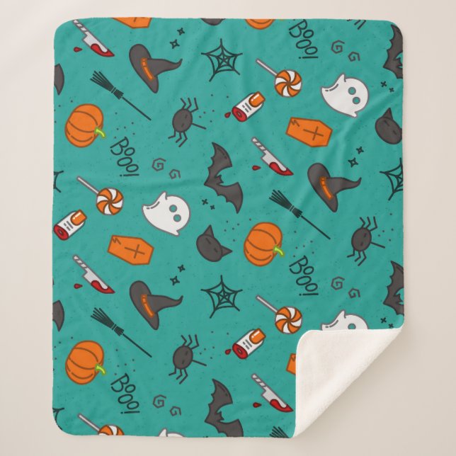 Flat-Style Halloween Turquoise Pattern. Sherpa Blanket (Front)