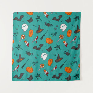 Flat-Style Halloween Turquoise Pattern. Tapestry