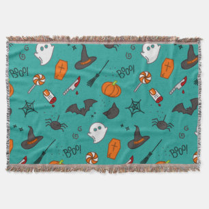 Flat-Style Halloween Turquoise Pattern. Throw Blanket