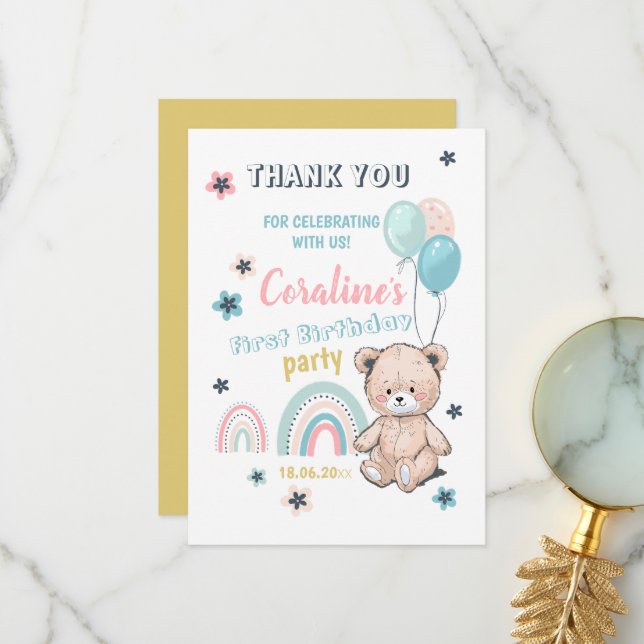 Flat Thank You Cards for 1st Birthday. (Front/Back In Situ)