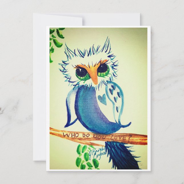 Flat Valentine Card, Watercolor Owl Holiday Card (Front)
