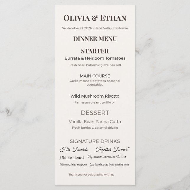 Flat Wedding Menu | Elegant Custom Reception Card (Front)