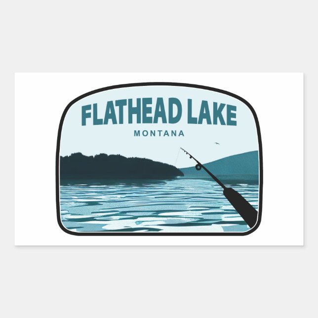 Flathead Lake Montana Fishing Rod Rectangular Sticker (Front)