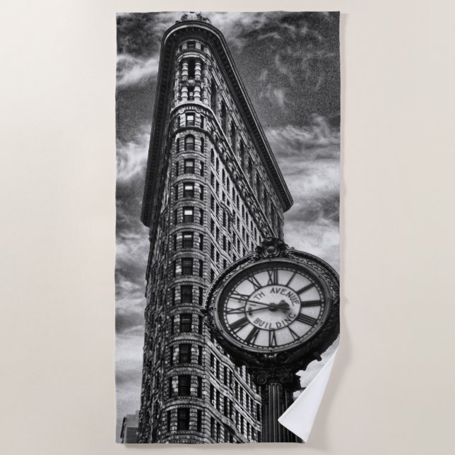 Flatiron Building and Clock in Black and White Beach Towel (Front)