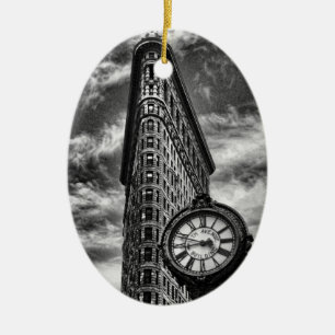 Flatiron Building and Clock in Black and White Ceramic Ornament
