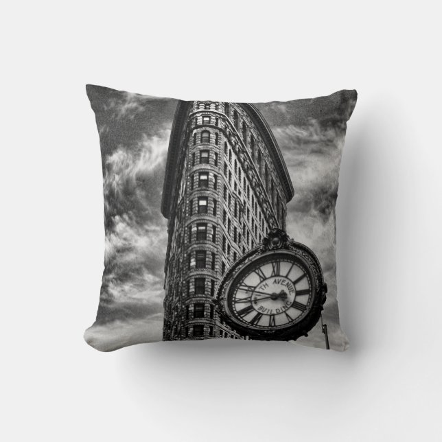 Flatiron Building and Clock in Black and White Cushion (Front)