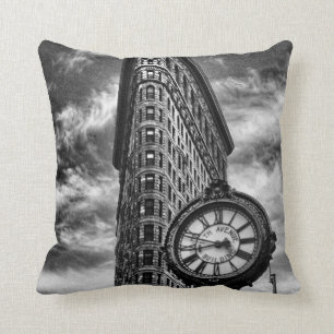 Flatiron Building and Clock in Black and White Cushion