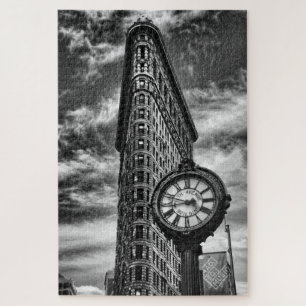 Flatiron Building and Clock in Black and White Jigsaw Puzzle