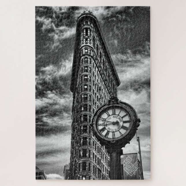 Flatiron Building and Clock in Black and White Jigsaw Puzzle (Vertical)