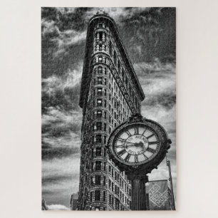 Flatiron Building and Clock in Black and White Jigsaw Puzzle