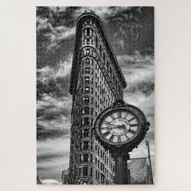 Flatiron Building and Clock in Black and White Jigsaw Puzzle (Vertical)