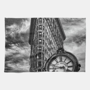 Flatiron Building and Clock in Black and White Tea Towel