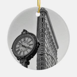 Flatiron Building and Clock in Black White #2 Ceramic Ornament