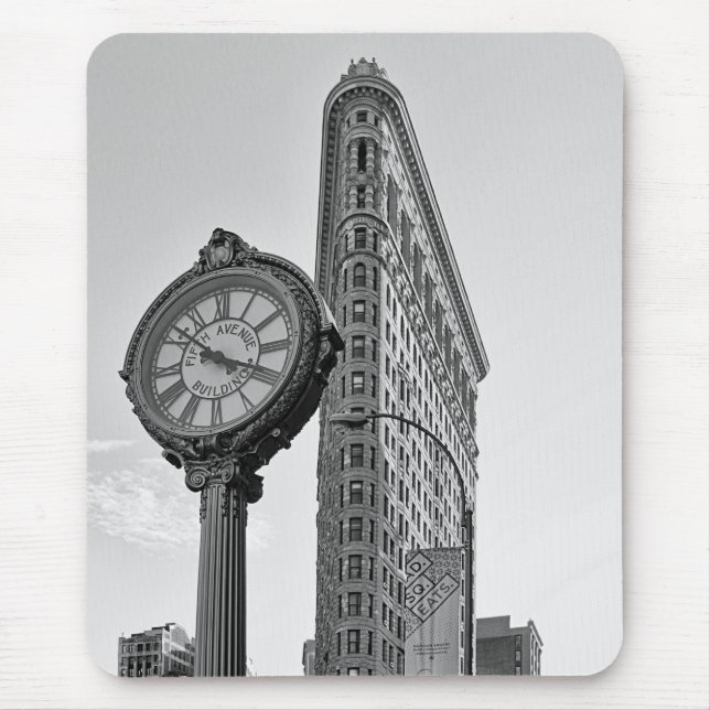 Flatiron Building and Clock in Black White #2 Mouse Pad (Front)