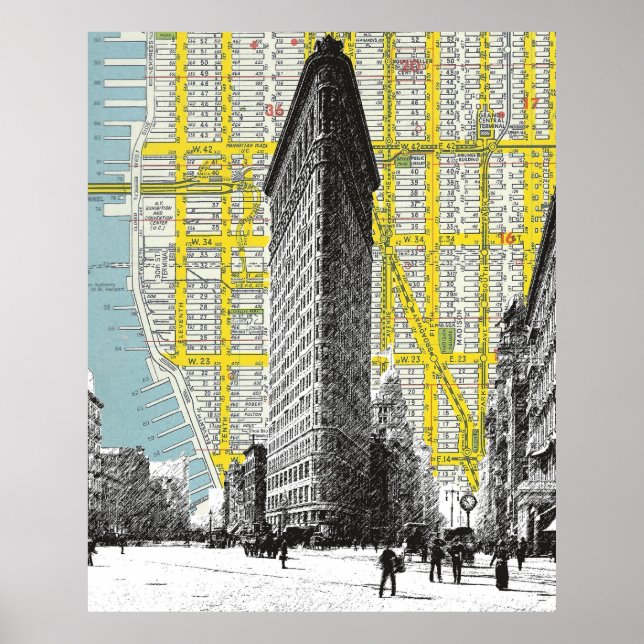 Flatiron Building vintage landmark  NYC Map backgr Poster (Front)