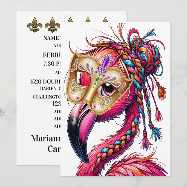 Flaunty Flamingo Mardi Gras  Invitation (Front/Back)