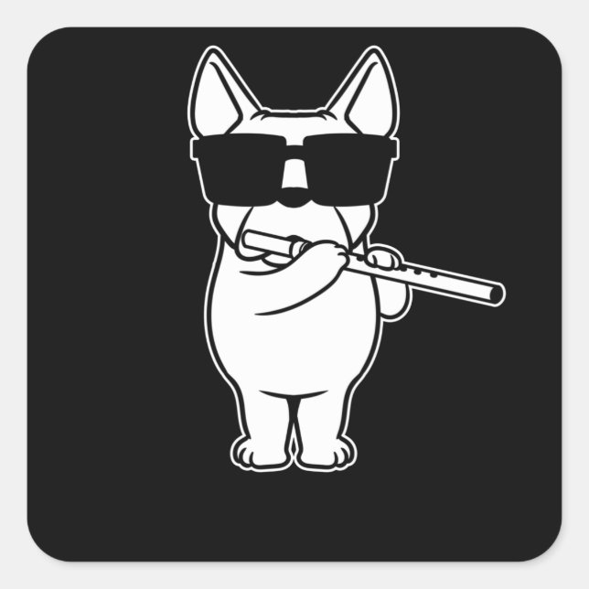 Flautist Flute Player Dog With Flute Square Sticker (Front)