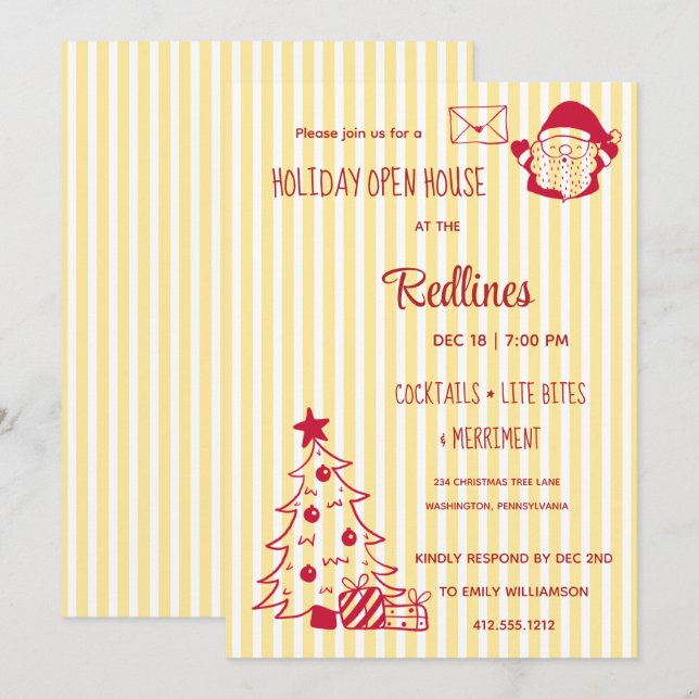 Flavescent stripped Holiday Open House  Invitation (Front/Back)
