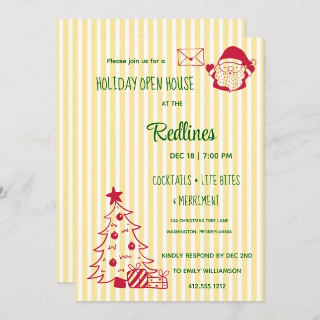 Flavescent stripped Holiday Open House  Invitation (Front/Back)