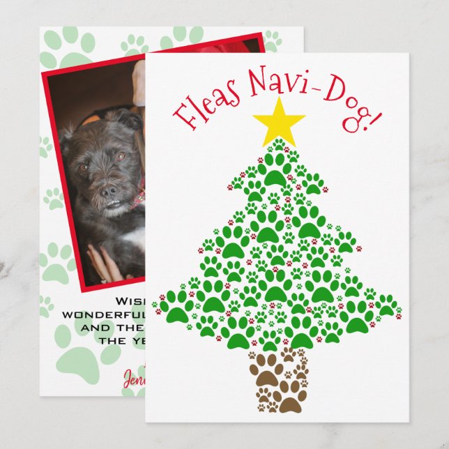 Fleas Navi-Dog Cute Paw Print Christmas Tree Photo Holiday Card (Front/Back)
