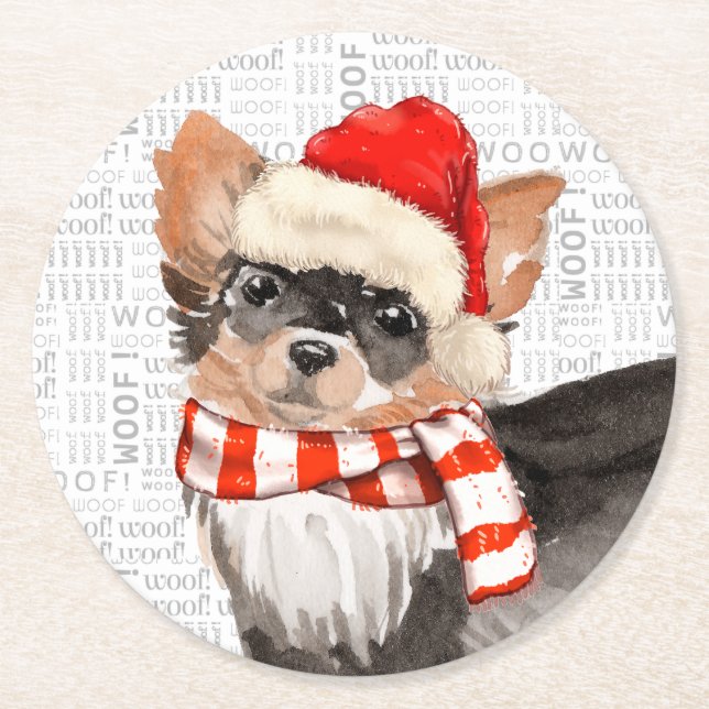 Fleas Navidog Christmas Long-Haired Chihuahua Round Paper Coaster (Front)