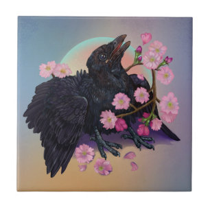 Fledgling Crow with apple blossoms Ceramic Tile