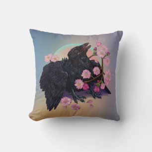 Fledgling Crow with apple blossoms Cushion