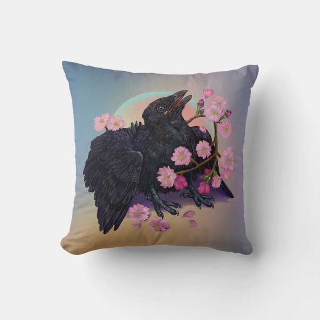 Fledgling Crow with apple blossoms Cushion (Front)