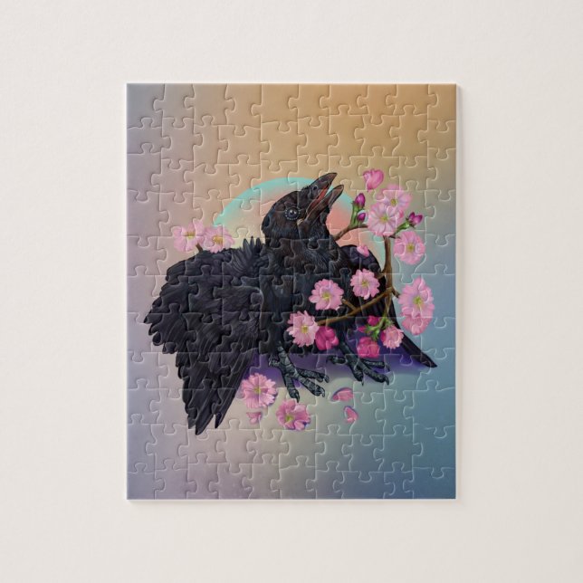 Fledgling Crow with apple blossoms Jigsaw Puzzle (Vertical)