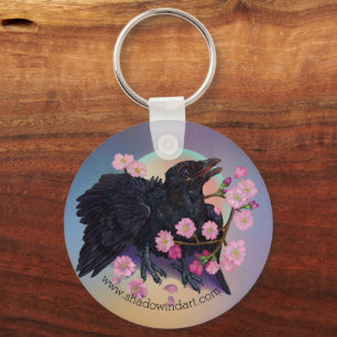 Fledgling Crow with apple blossoms Key Ring