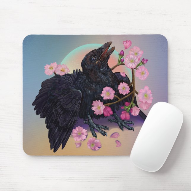 Fledgling Crow with apple blossoms Mouse Pad (With Mouse)
