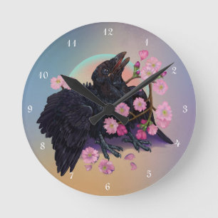Fledgling Crow with apple blossoms  Round Clock