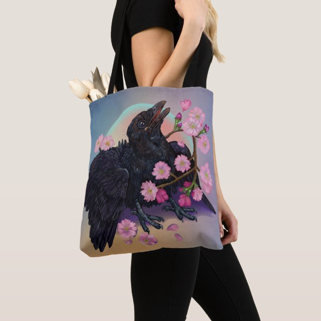 Fledgling Crow with apple blossoms Tote Bag (Close Up)