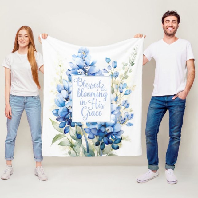 Fleece Blanket Blessed and Blooming Bluebonnet  (Blessed and Blooming in His Grace Bluebonnet Christian Easter Fleece Blanket)