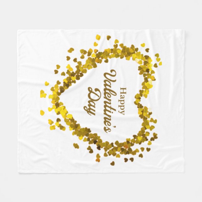 Fleece Blanket Happy Valentine Day Gold Heart (Front (Horizontal))