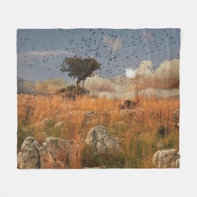 Fleece Blanket Lonely Tree And Birds (Front (Horizontal))