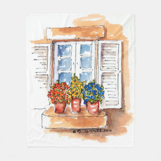 Fleece Blanket with Windowsill with Flowers Art